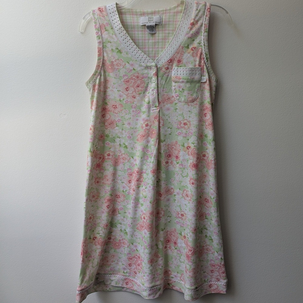 Karen Neuburger Nightgown Pink Green Floral Plaid Lace Trim Sz S Cottagecore